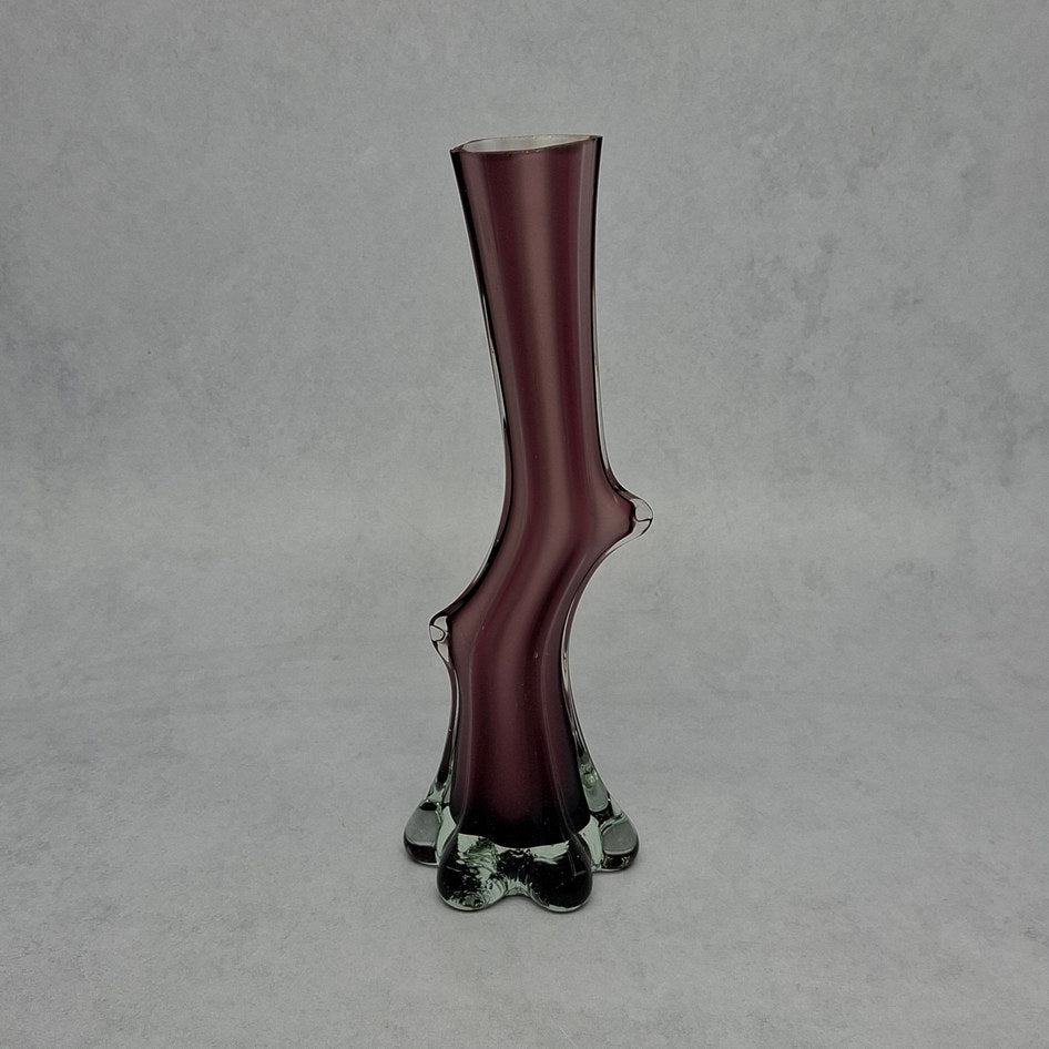 Vintage Amethyst and Cased White Glass Tree Stump Vase