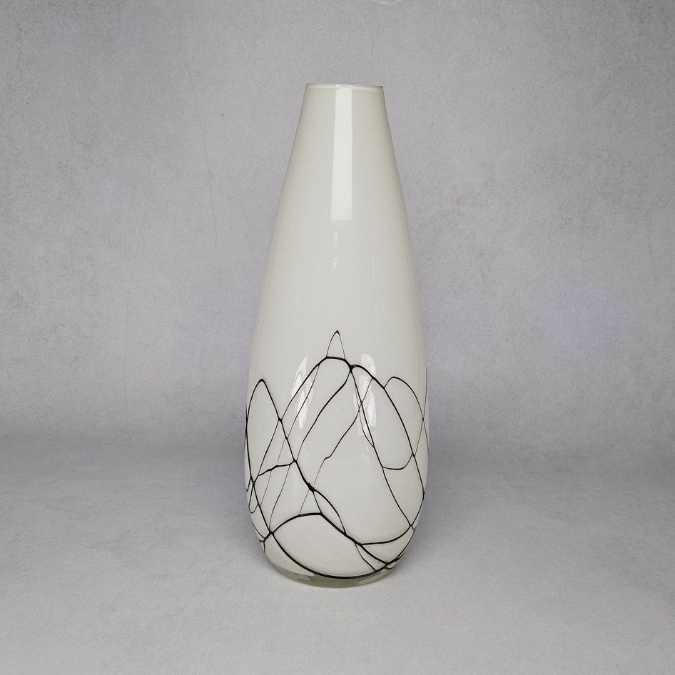 Ravenhead White Mouth-Blown Glass Vase with Black Trailing Lines