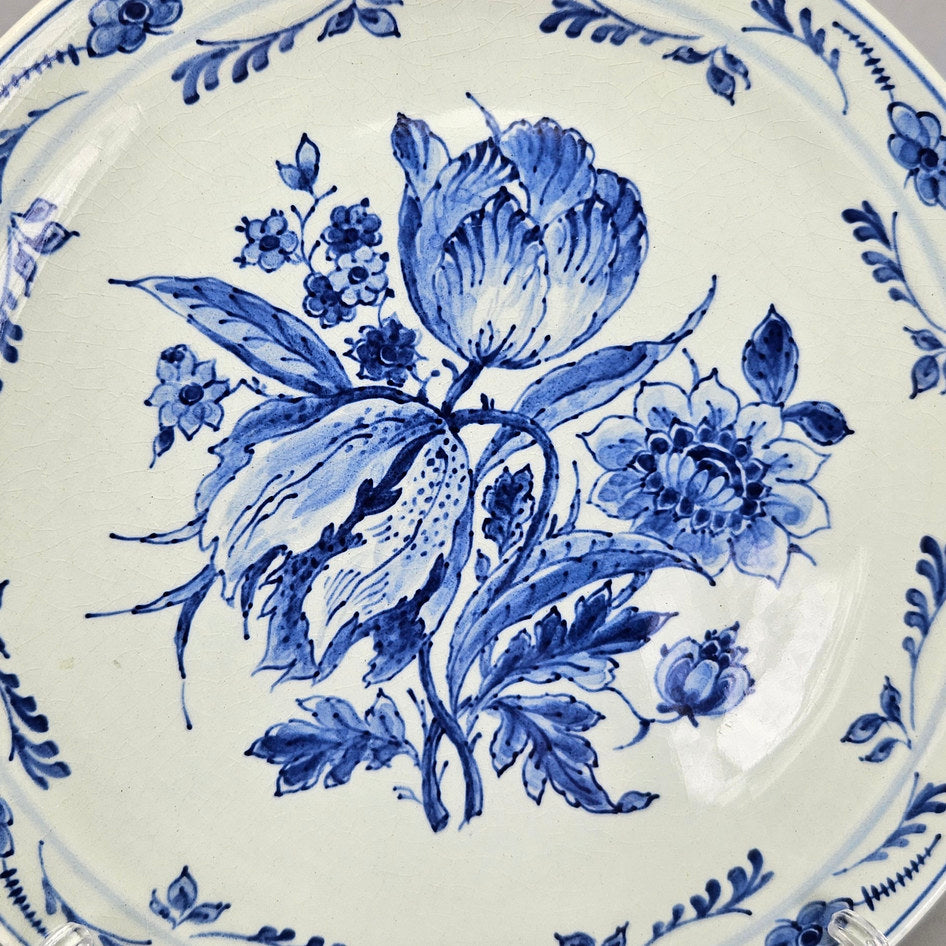 Royal Delft wall plate close-up of blue flowers and foliage