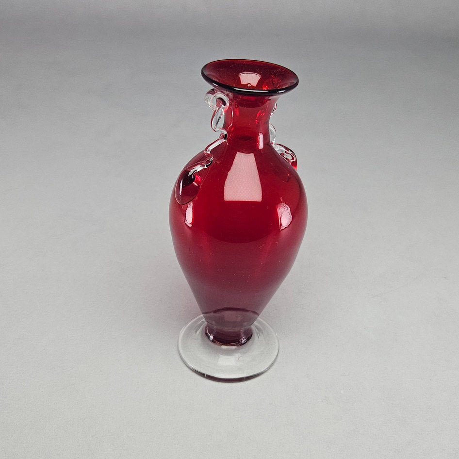 Ruby Red Murano-Style Hand-Blown Art Glass Vase with Clear Applied Handles