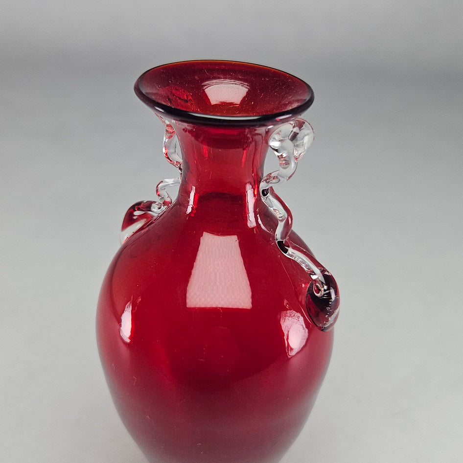 Ruby Red Murano-Style Hand-Blown Art Glass Vase with Clear Applied Handles