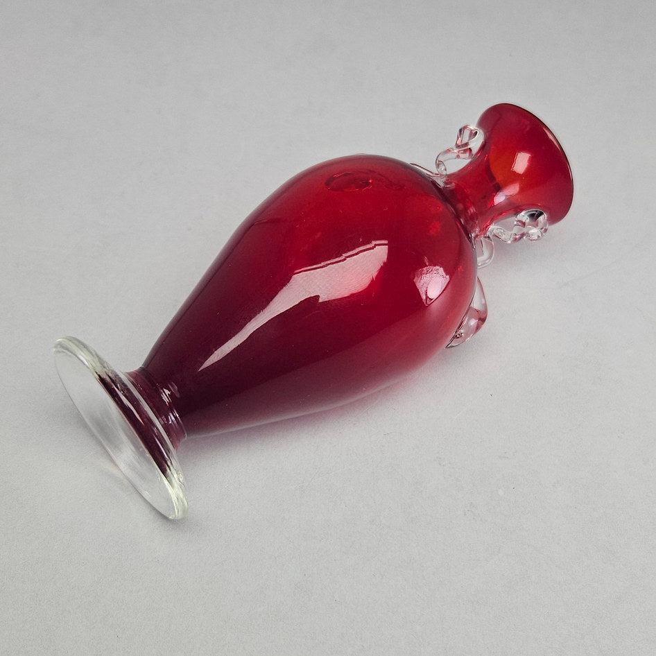 Ruby Red Murano-Style Hand-Blown Art Glass Vase with Clear Applied Handles