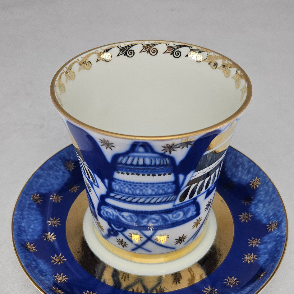 Lomonosov St. Petersburg Cobalt and Gilt Porcelain Cup and Saucer