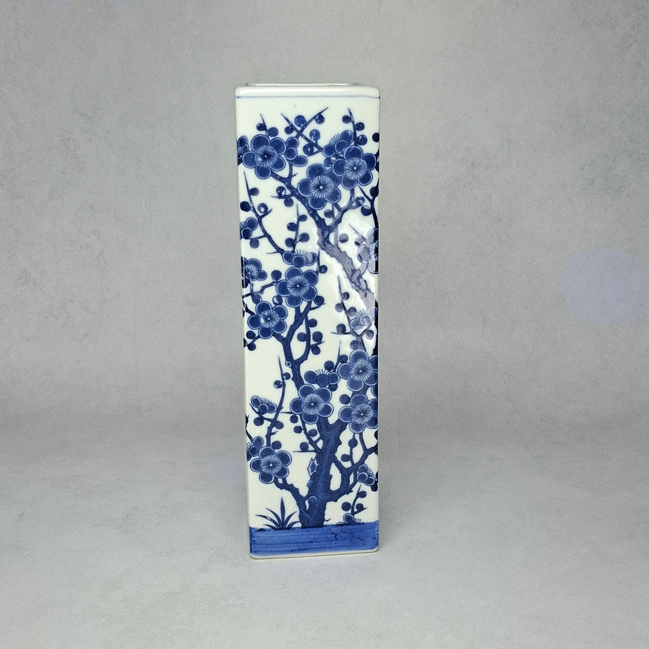 Tall Blue and White Porcelain Rectangular Blossom Tree Vase