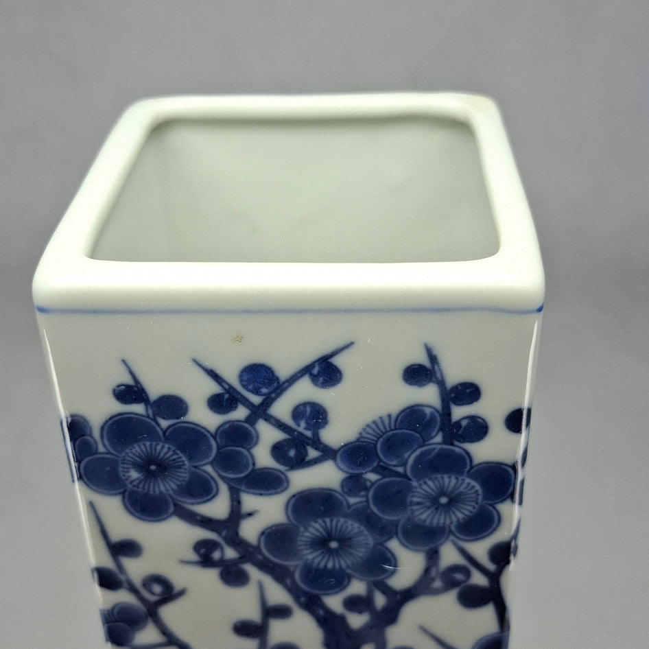 Tall Blue and White Porcelain Rectangular Blossom Tree Vase