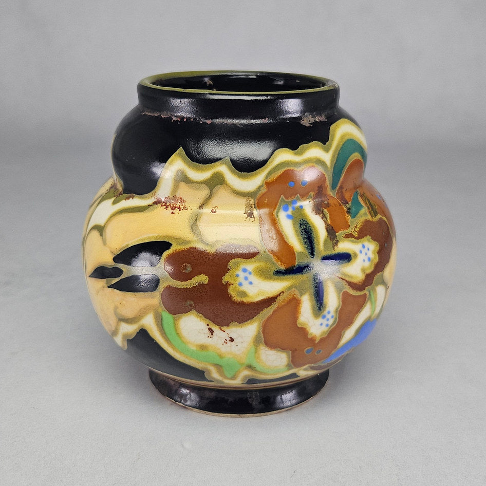 Unmarked Gouda-Style Polychrome Floral Ceramic Vase