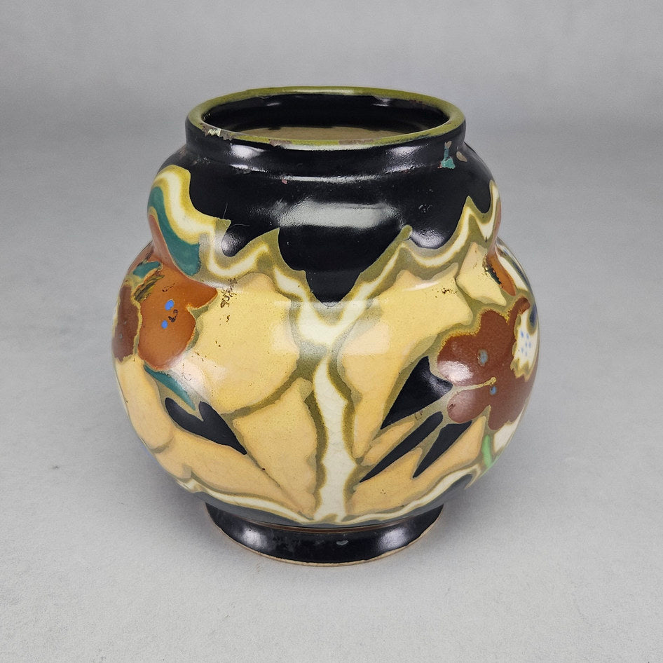 Unmarked Gouda-Style Polychrome Floral Ceramic Vase