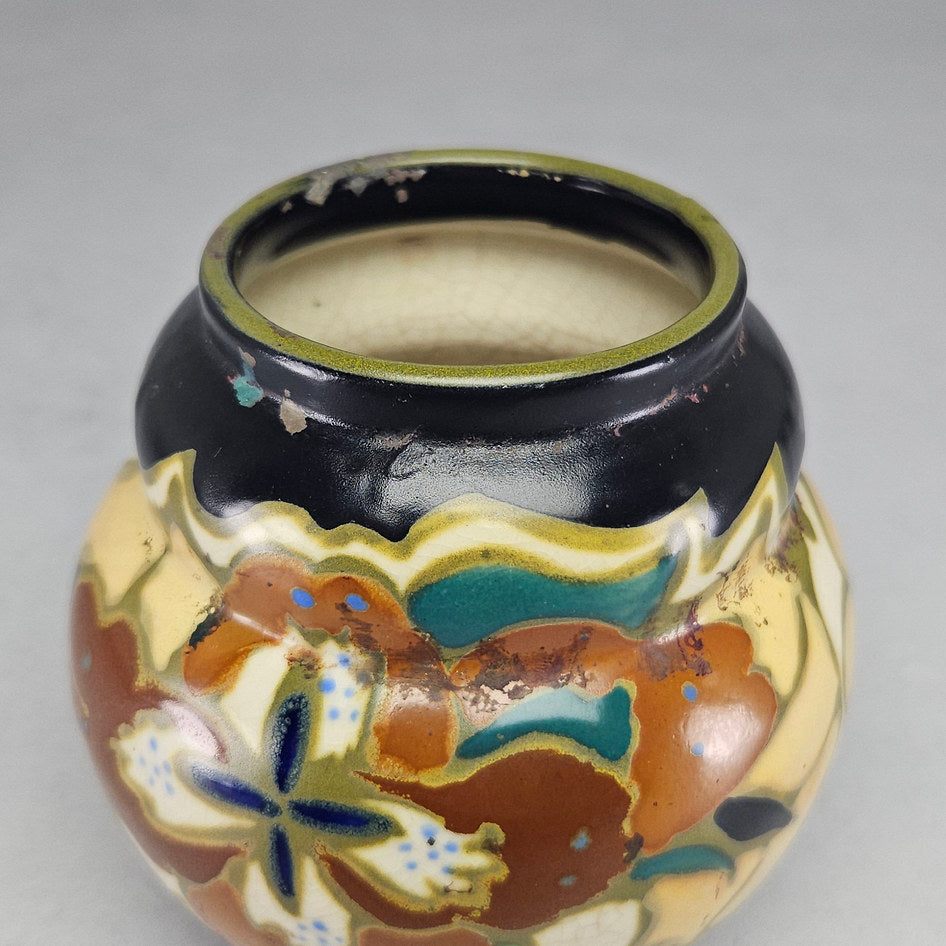 Unmarked Gouda-Style Polychrome Floral Ceramic Vase