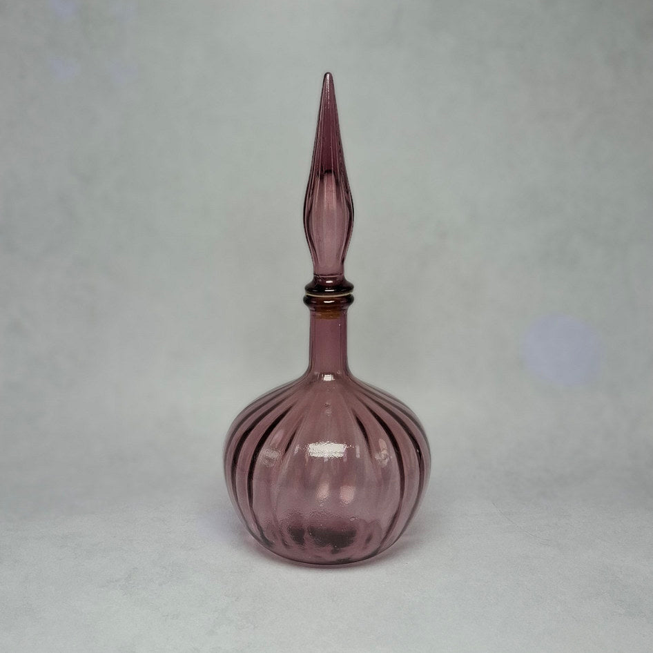 Vintage Amethyst Glass Onion-Shaped Genie Bottle with Ribbed Body and Stopper