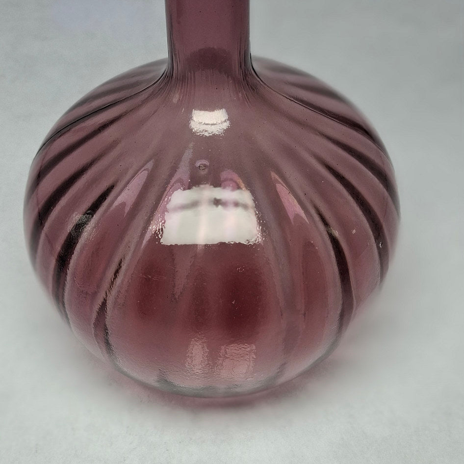 Vintage Amethyst Glass Onion-Shaped Genie Bottle with Ribbed Body and Stopper
