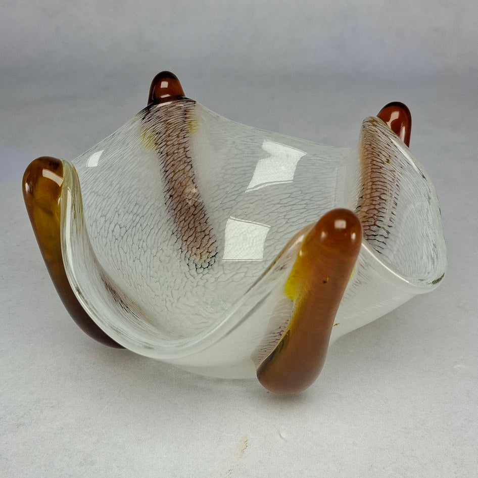 Vintage Art Glass Bowl with White Filigree and Amber Applied Elements