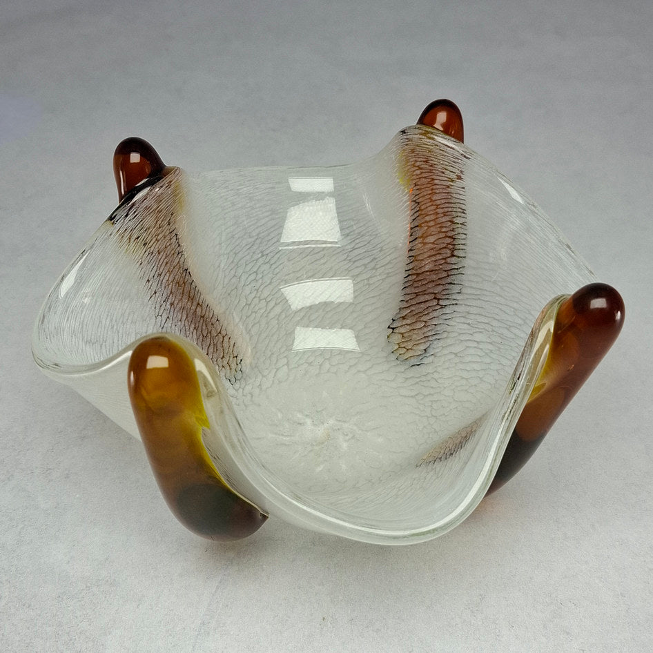 Vintage Art Glass Bowl with White Filigree and Amber Applied Elements