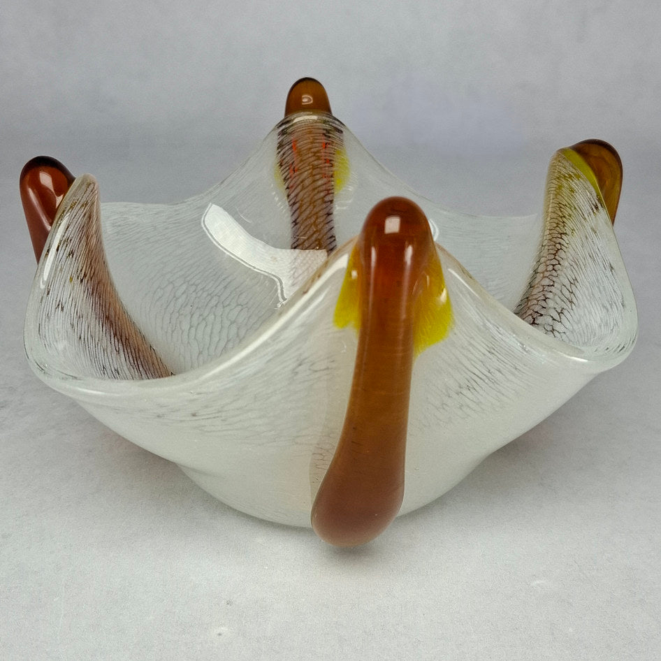 Vintage Art Glass Bowl with White Filigree and Amber Applied Elements