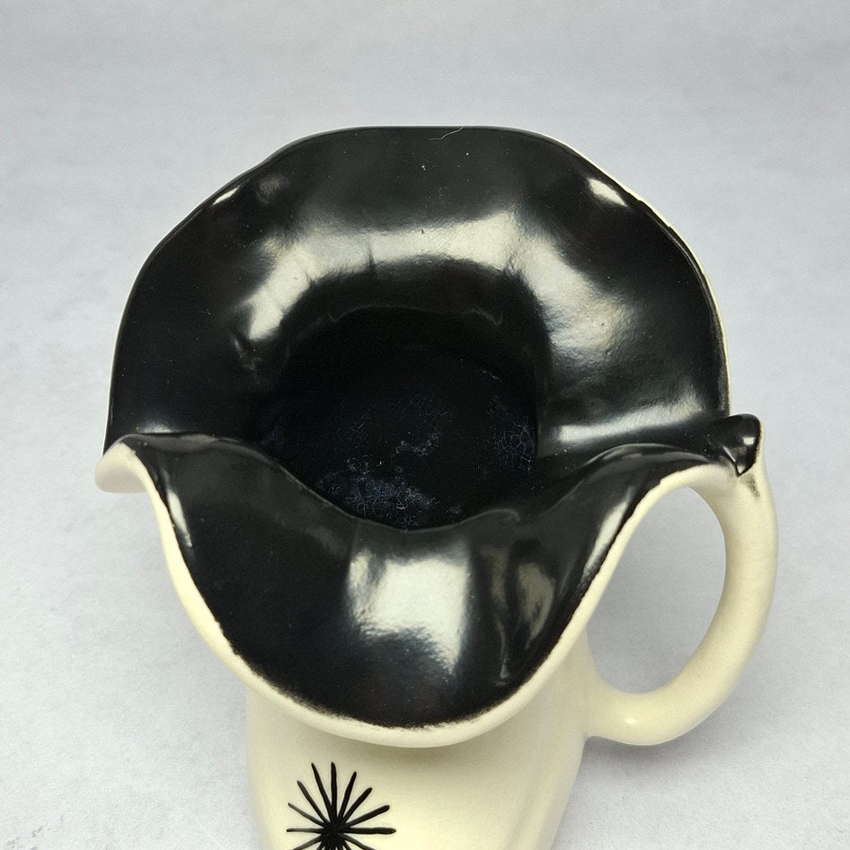 Vintage Burleigh Ware Cream and Black Ceramic Pitcher with Atomic Starburst Design