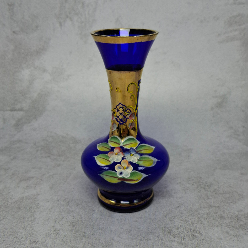 Vintage Cobalt Blue Bud Vase with Gold Accents and Hand-Painted Floral Decoration