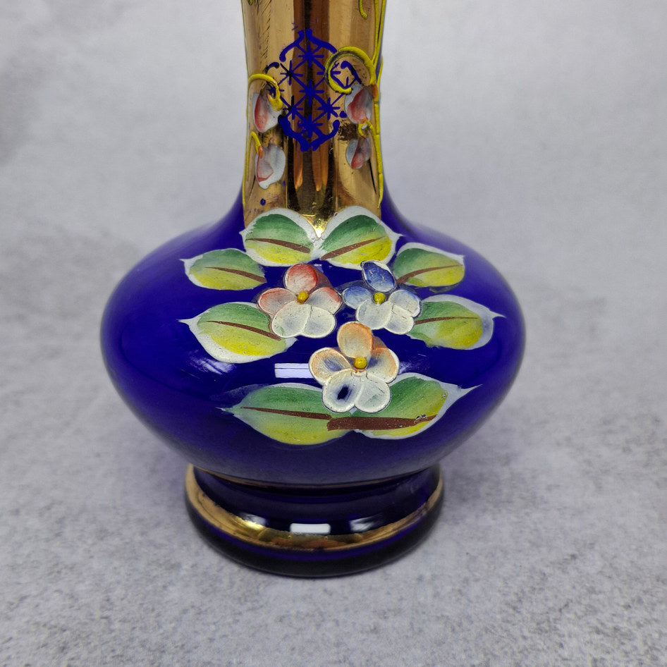Vintage Cobalt Blue Bud Vase with Gold Accents and Hand-Painted Floral Decoration