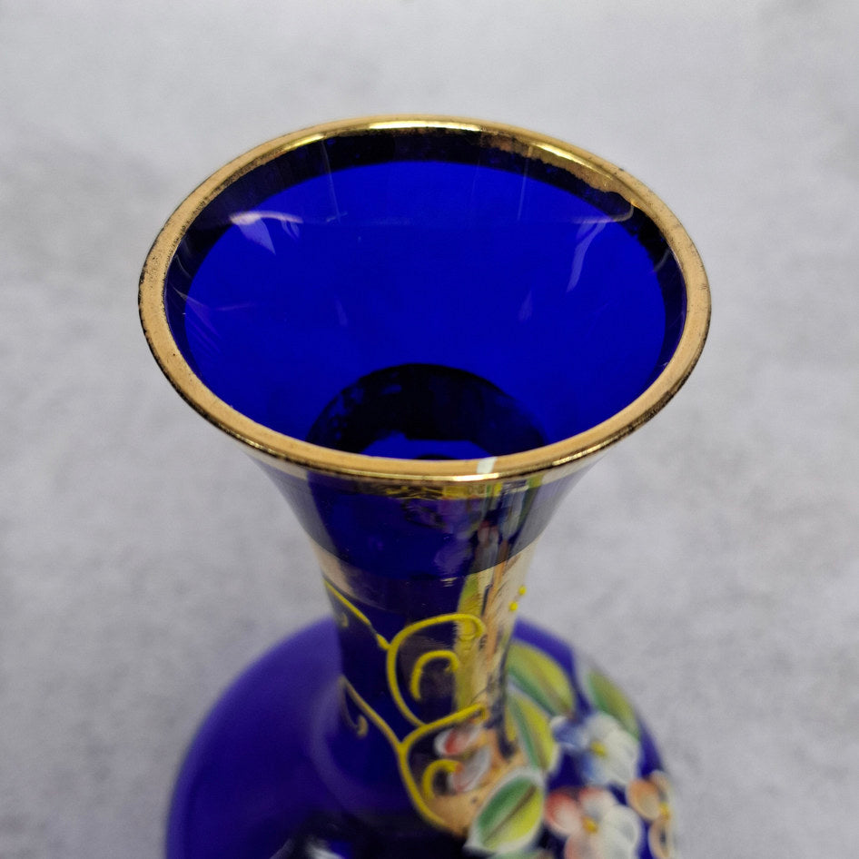 Vintage Cobalt Blue Bud Vase with Gold Accents and Hand-Painted Floral Decoration