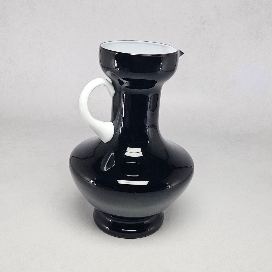 Vintage Empoli Italian Glass Black and White Cased Glass Pitcher