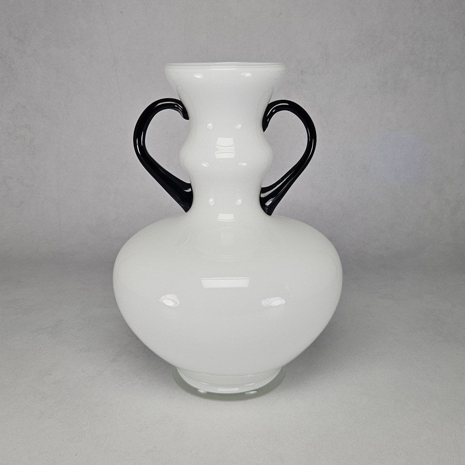Vintage Empoli Italian Opaque White Glass Vase with Black Handles