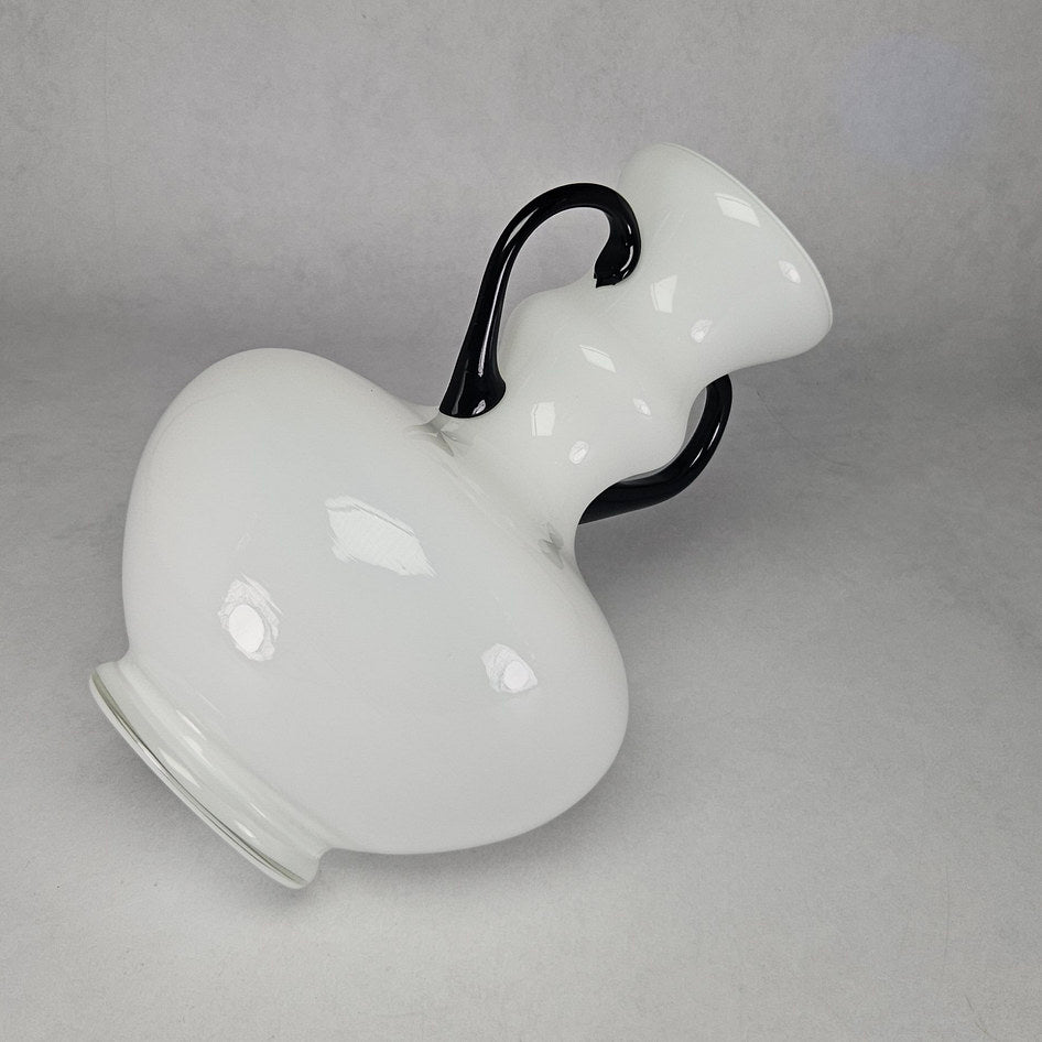 Vintage Empoli Italian Opaque White Glass Vase with Black Handles