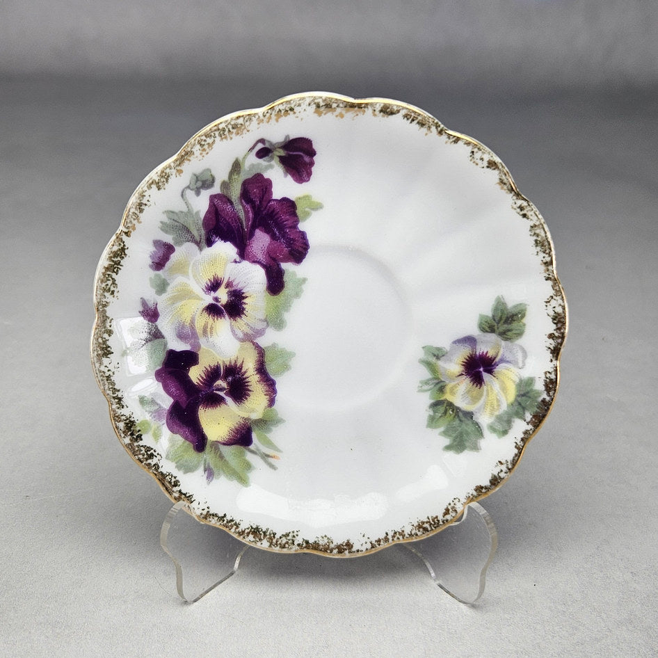Overhead view of pansy cup with matching saucer