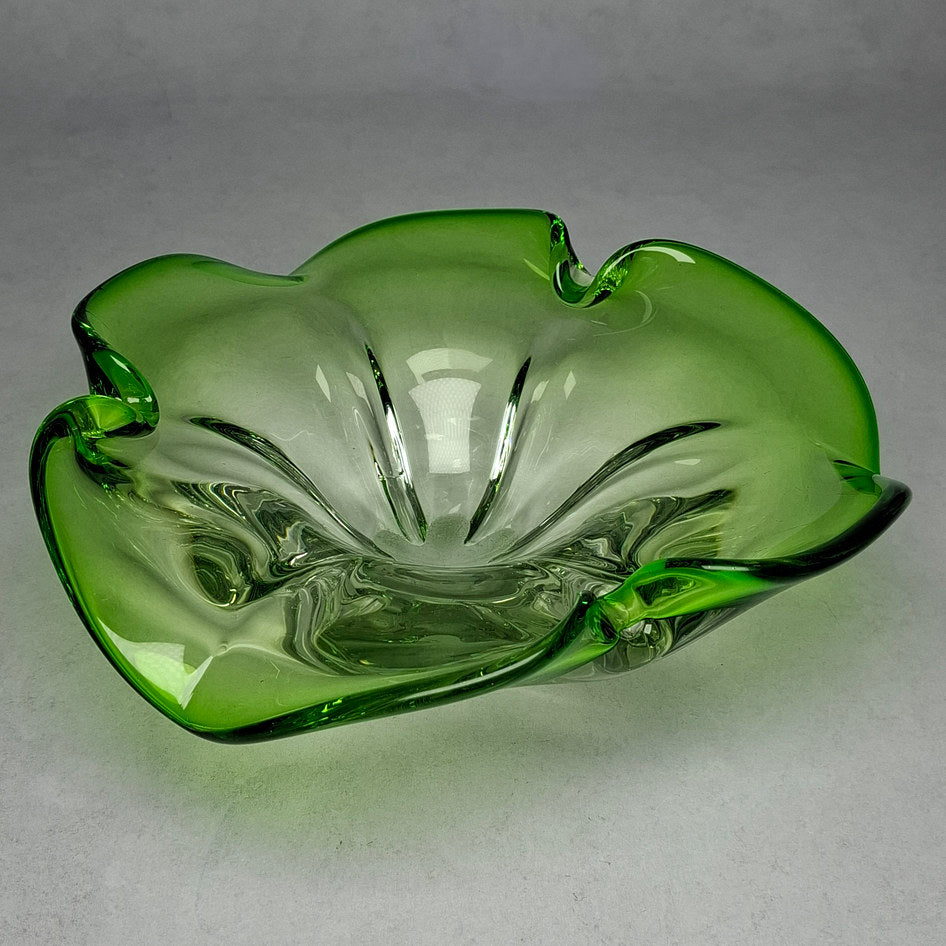 Vintage Green Murano Glass Flower Shaped Bowl