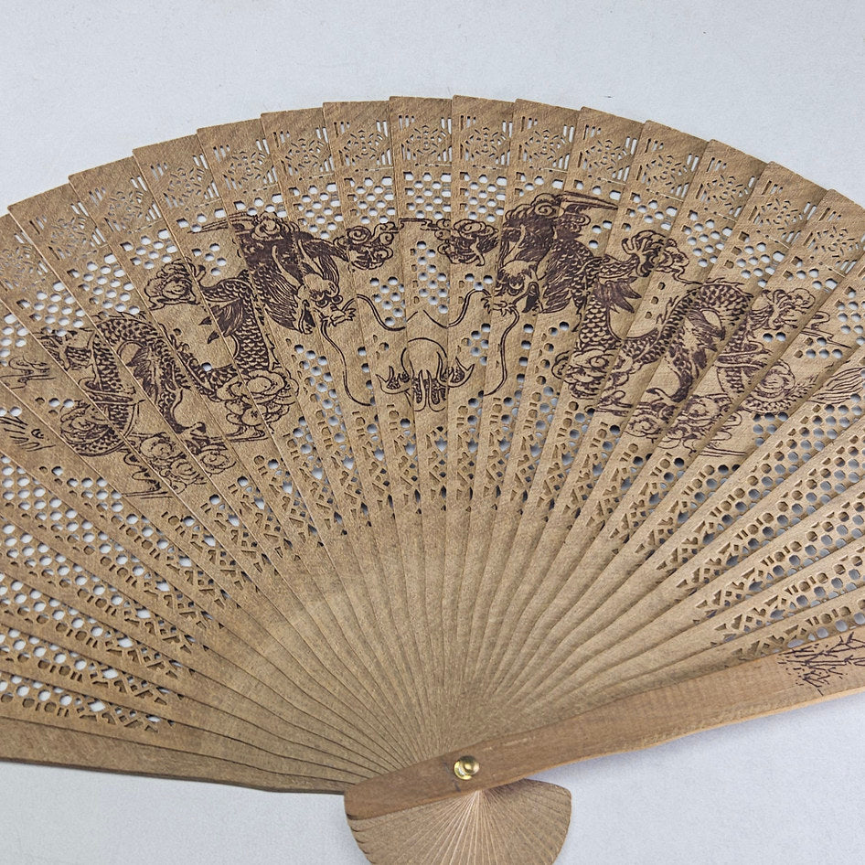 Vintage Hand-Painted Folding Hand Fan with Dual Dragon Motif and Presentation Box