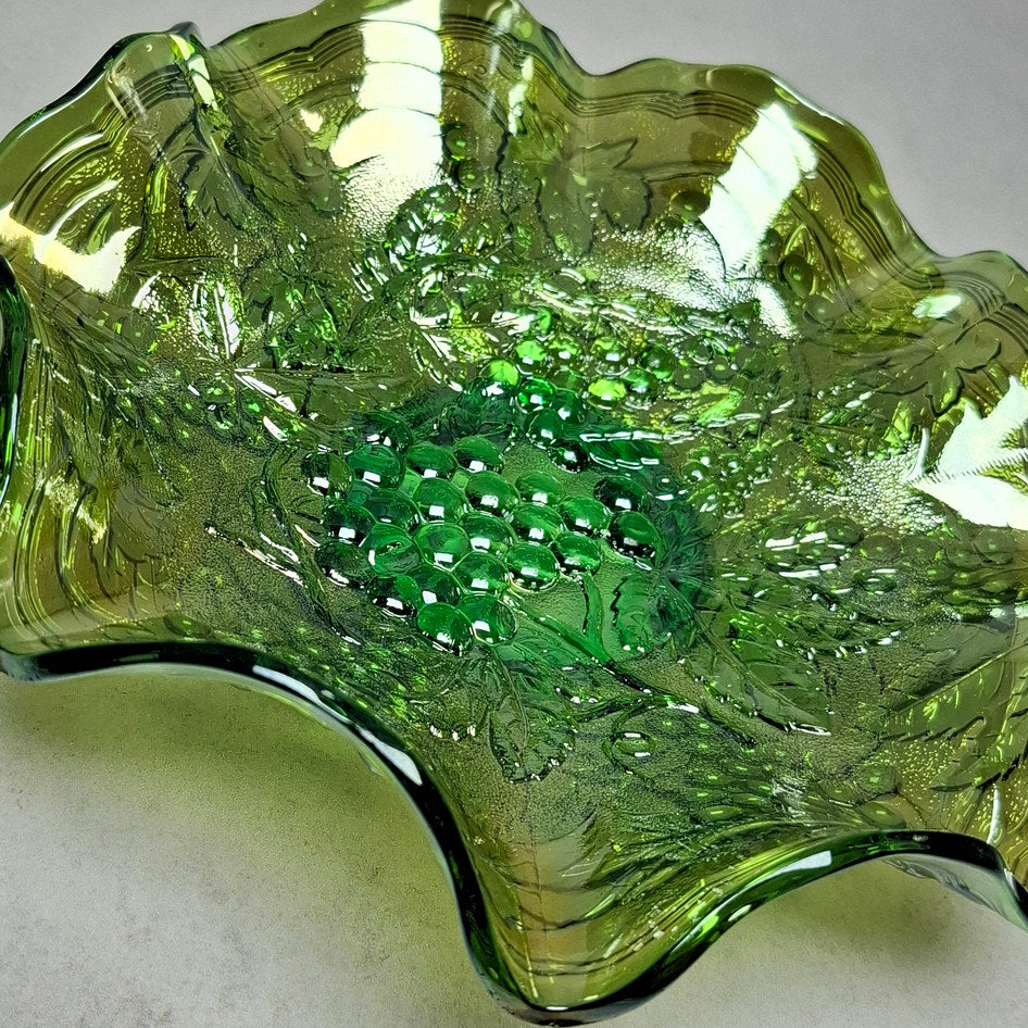 Vintage Imperial Glass Iridescent Green Carnival Glass Bowl with Grape Pattern