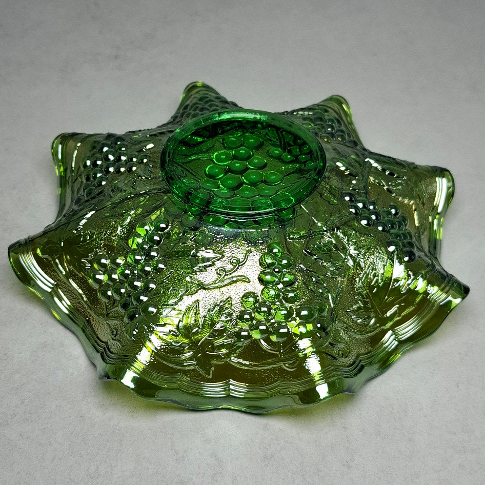 Vintage Imperial Glass Iridescent Green Carnival Glass Bowl with Grape Pattern