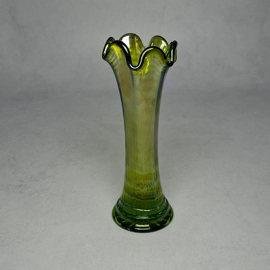 Vintage Iridescent Lime Green Ribbed Carnival Glass Swung Vase