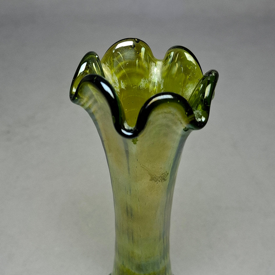Vintage Iridescent Lime Green Ribbed Carnival Glass Swung Vase