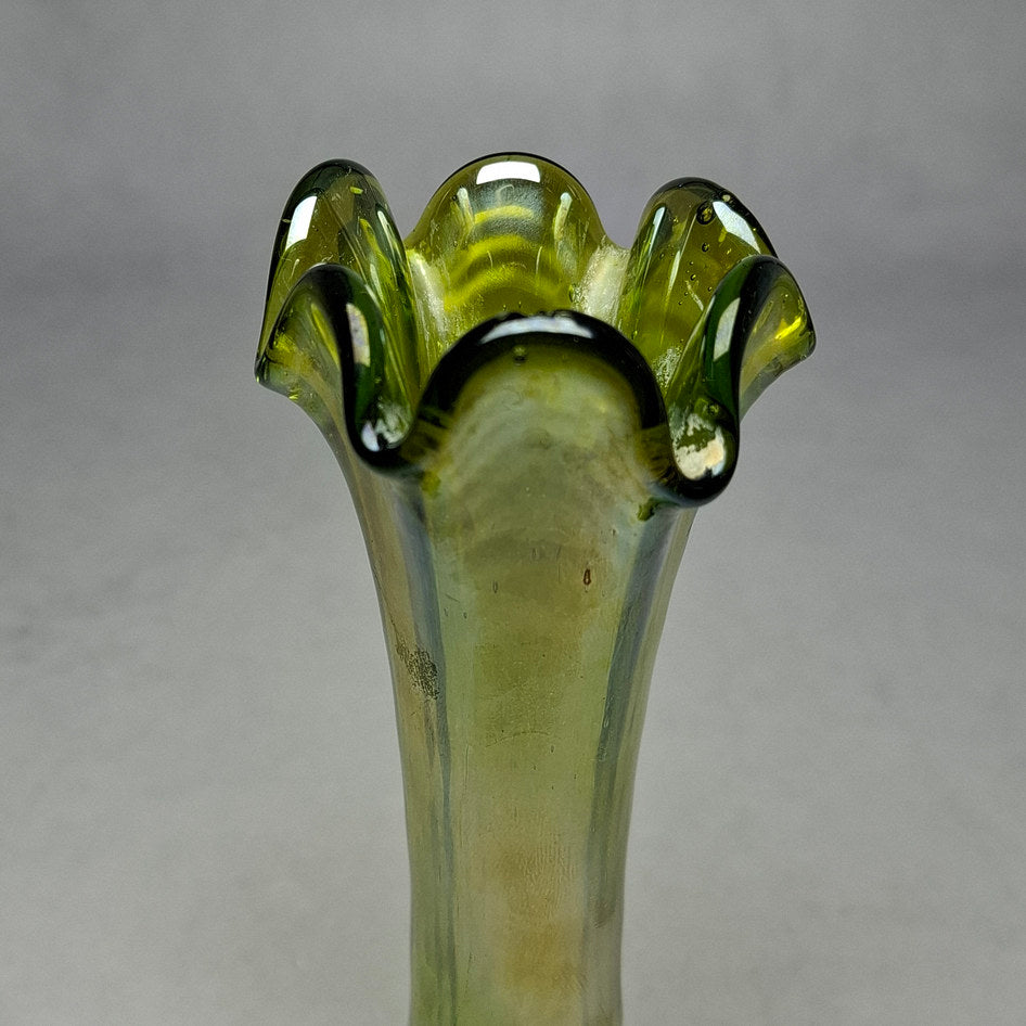 Vintage Iridescent Lime Green Ribbed Carnival Glass Swung Vase