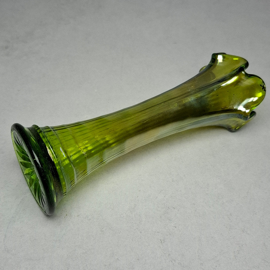 Vintage Iridescent Lime Green Ribbed Carnival Glass Swung Vase