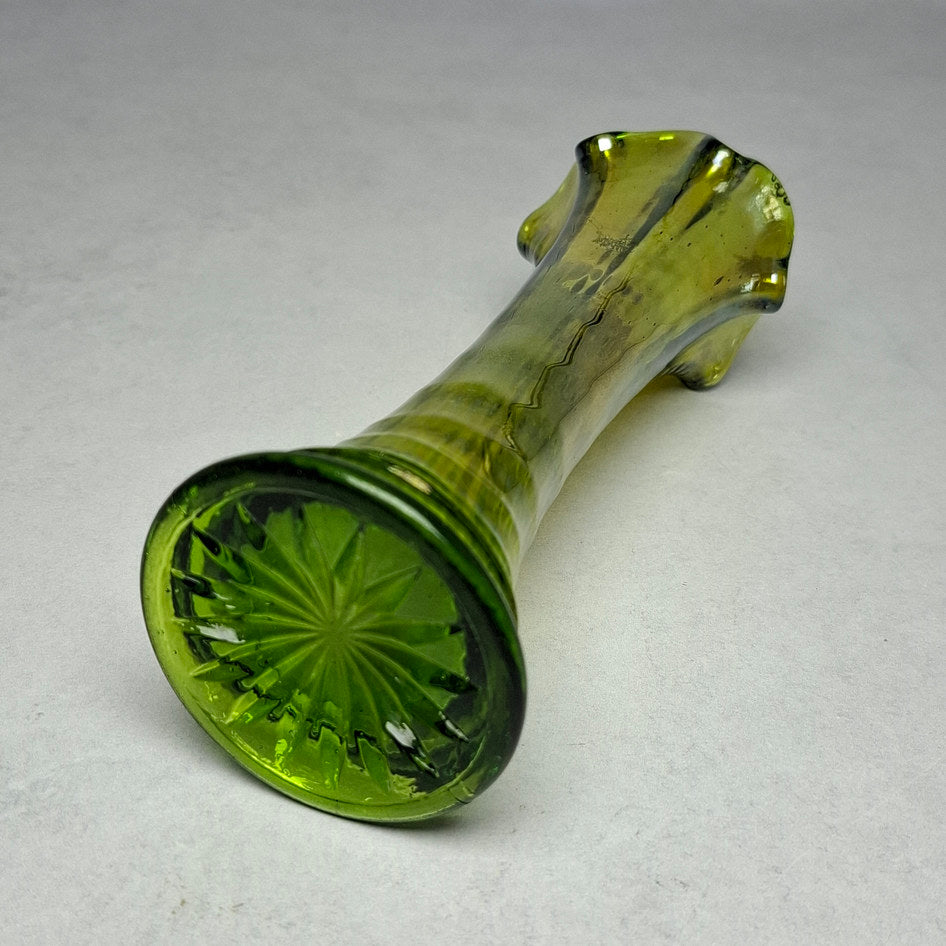Vintage Iridescent Lime Green Ribbed Carnival Glass Swung Vase