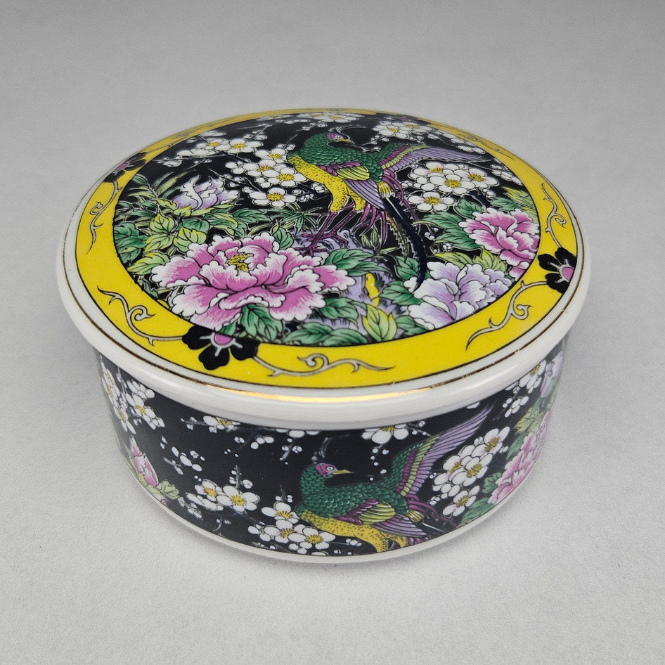 Vintage Japanese Peacock and Floral Ceramic Lidded Trinket Box