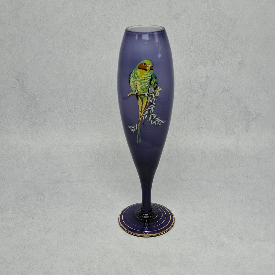 Vintage Purple and White Cased Glass Bud Vase with Nicobar Parakeet Motif