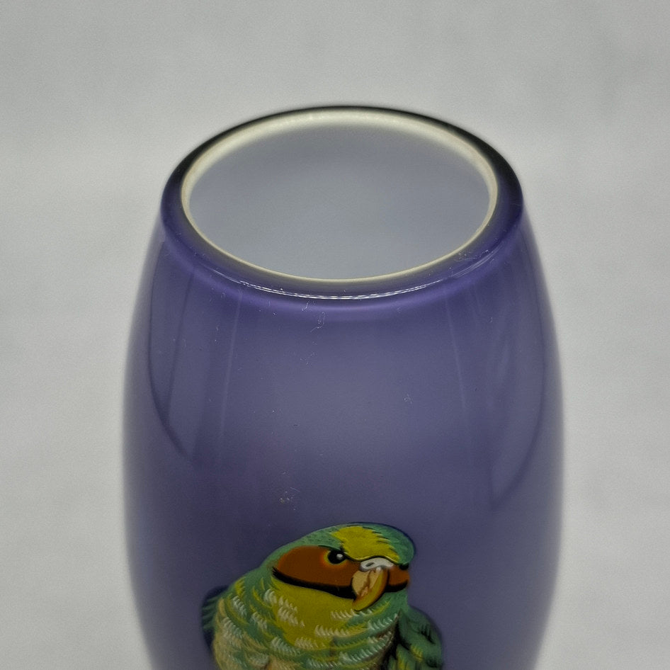 Vintage Purple and White Cased Glass Bud Vase with Nicobar Parakeet Motif