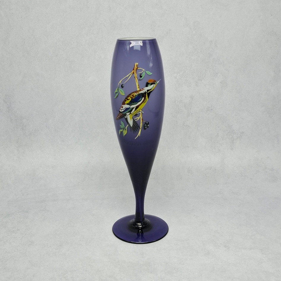 Vintage Purple and White Cased Glass Bud Vase with Yellow-Bellied Sapsucker Motif