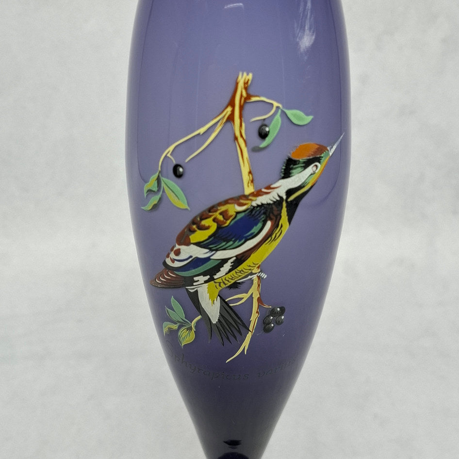 Vintage Purple and White Cased Glass Bud Vase with Yellow-Bellied Sapsucker Motif