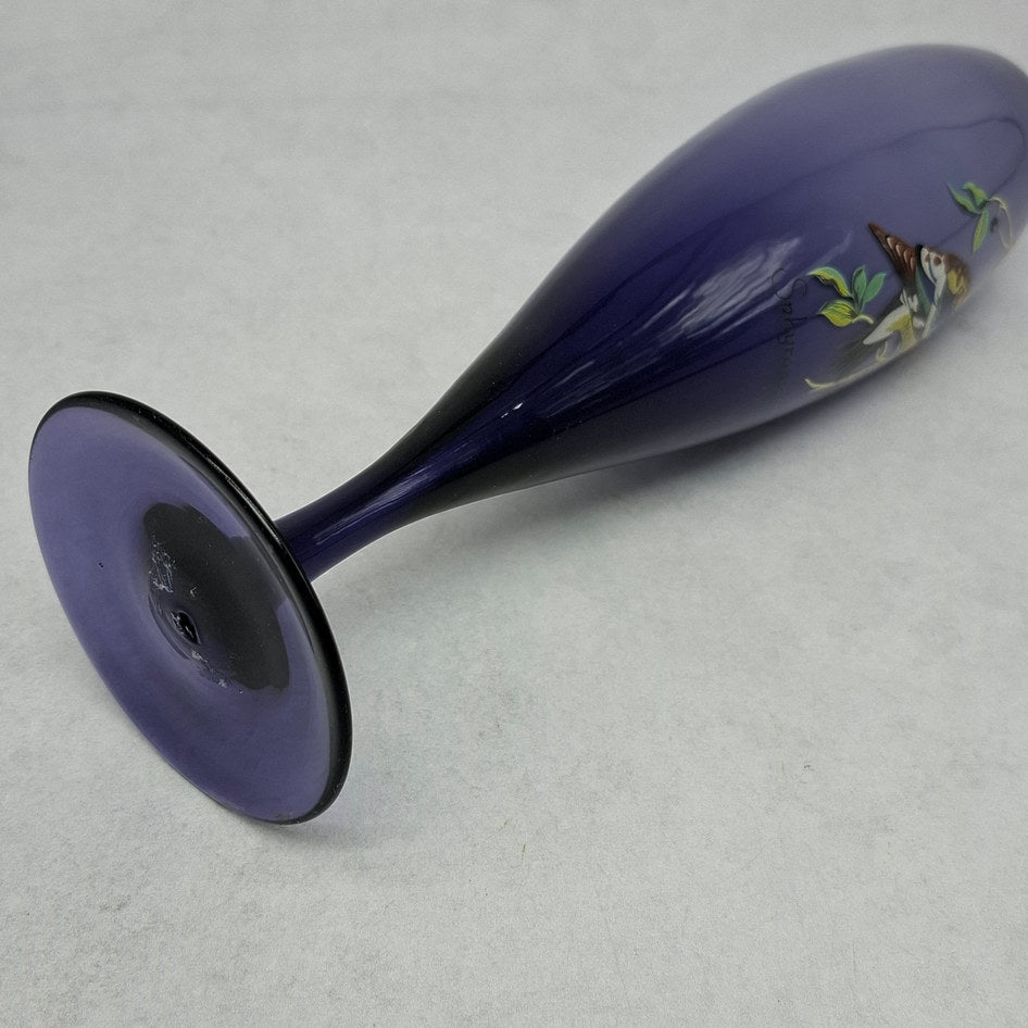 Vintage Purple and White Cased Glass Bud Vase with Yellow-Bellied Sapsucker Motif