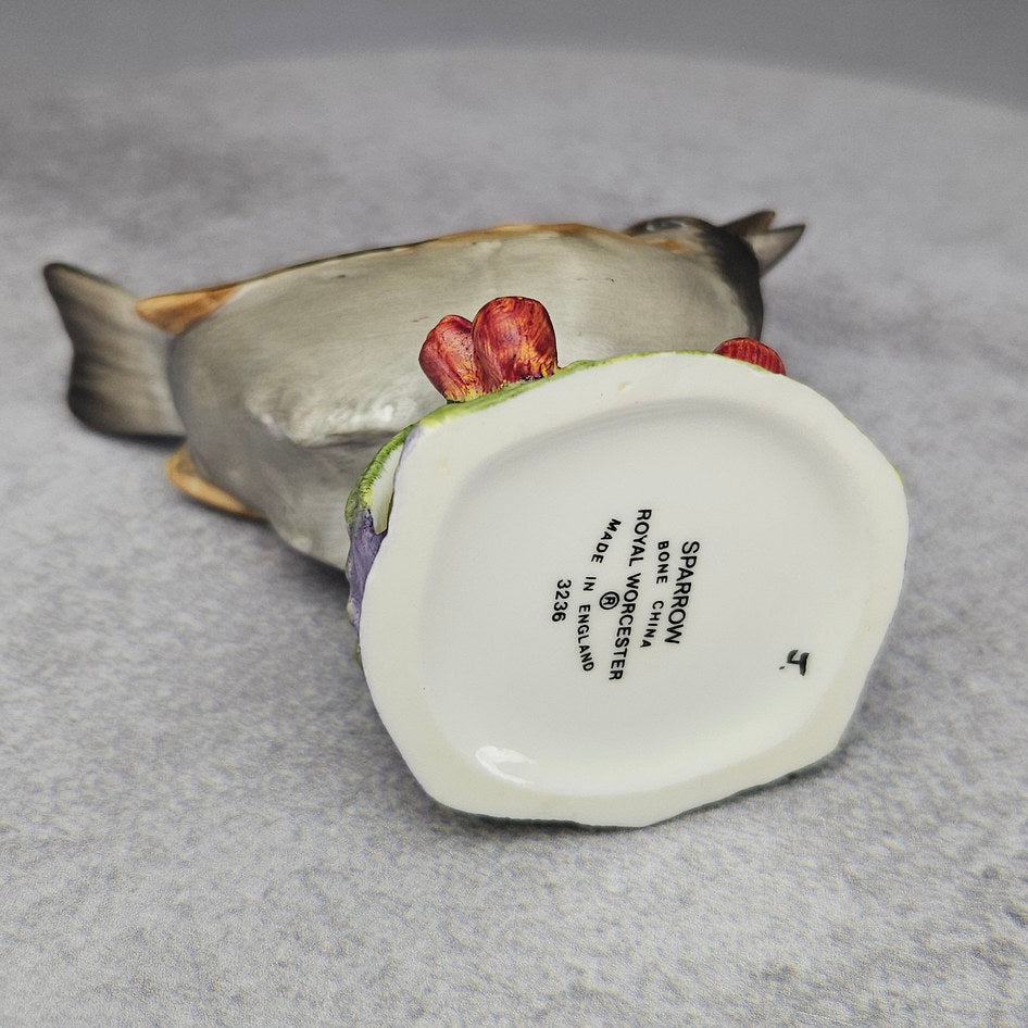 Underside of Royal Worcester sparrow figurine showing printed mark