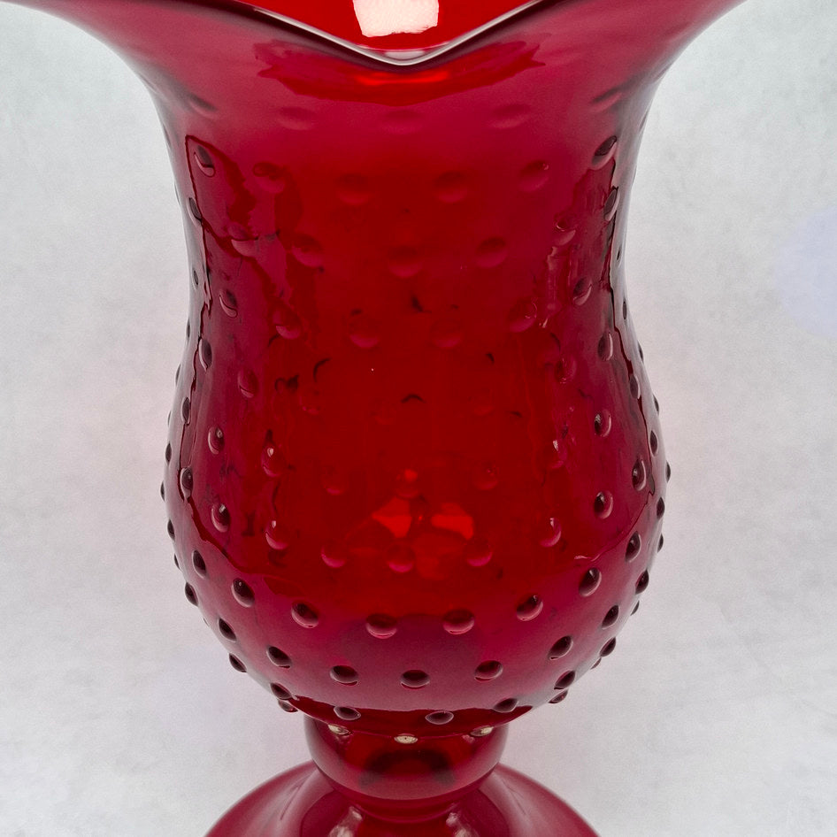 Vintage Ruby Red Footed Glass Hobnail Vase with Fluted Rim