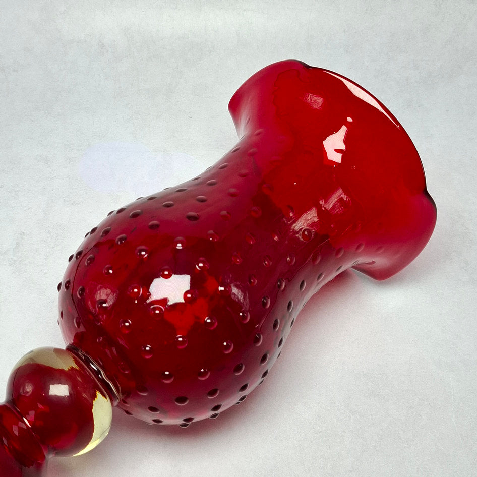Vintage Ruby Red Footed Glass Hobnail Vase with Fluted Rim