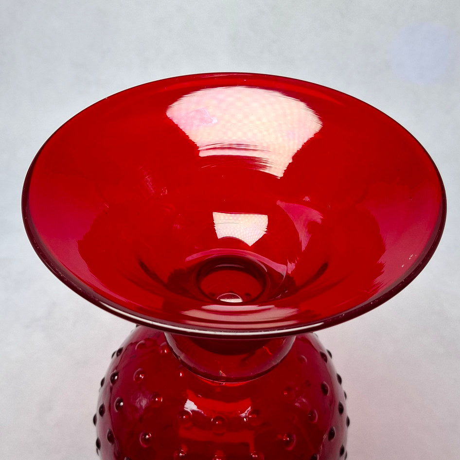 Vintage Ruby Red Footed Glass Hobnail Vase with Fluted Rim