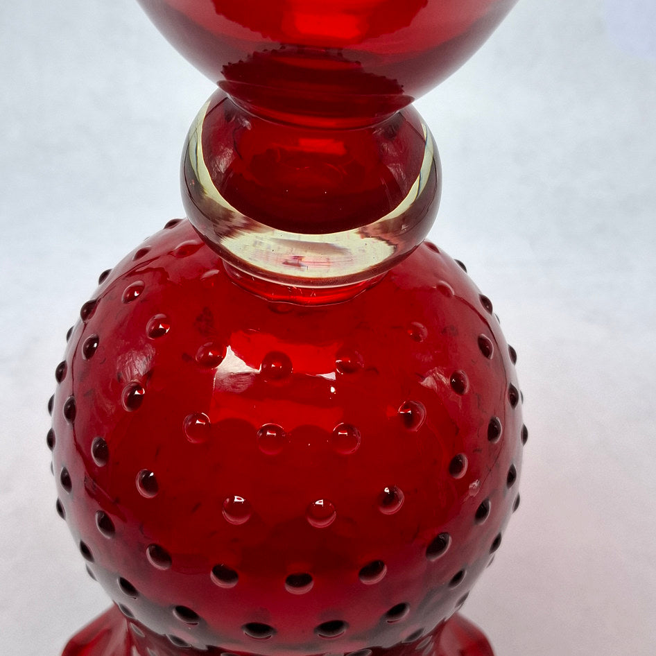 Vintage Ruby Red Footed Glass Hobnail Vase with Fluted Rim