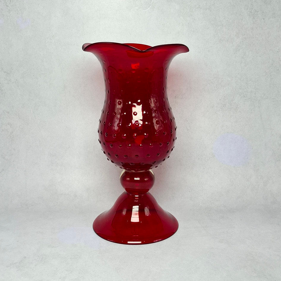 Vintage Ruby Red Footed Glass Hobnail Vase with Fluted Rim