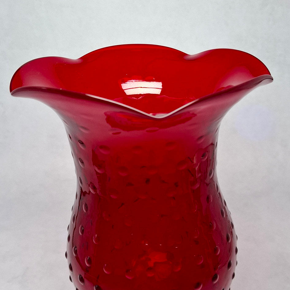Vintage Ruby Red Footed Glass Hobnail Vase with Fluted Rim