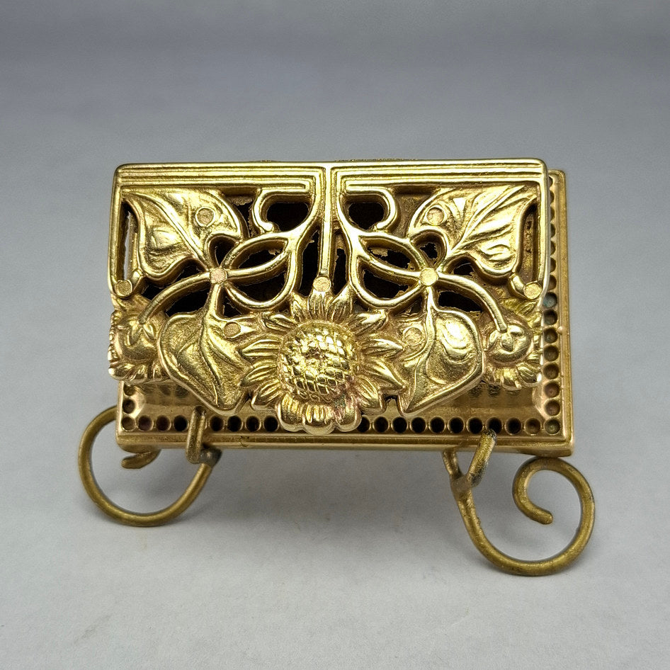 Vintage Solid Brass Art Nouveau-Style Sunflower Stamp Box