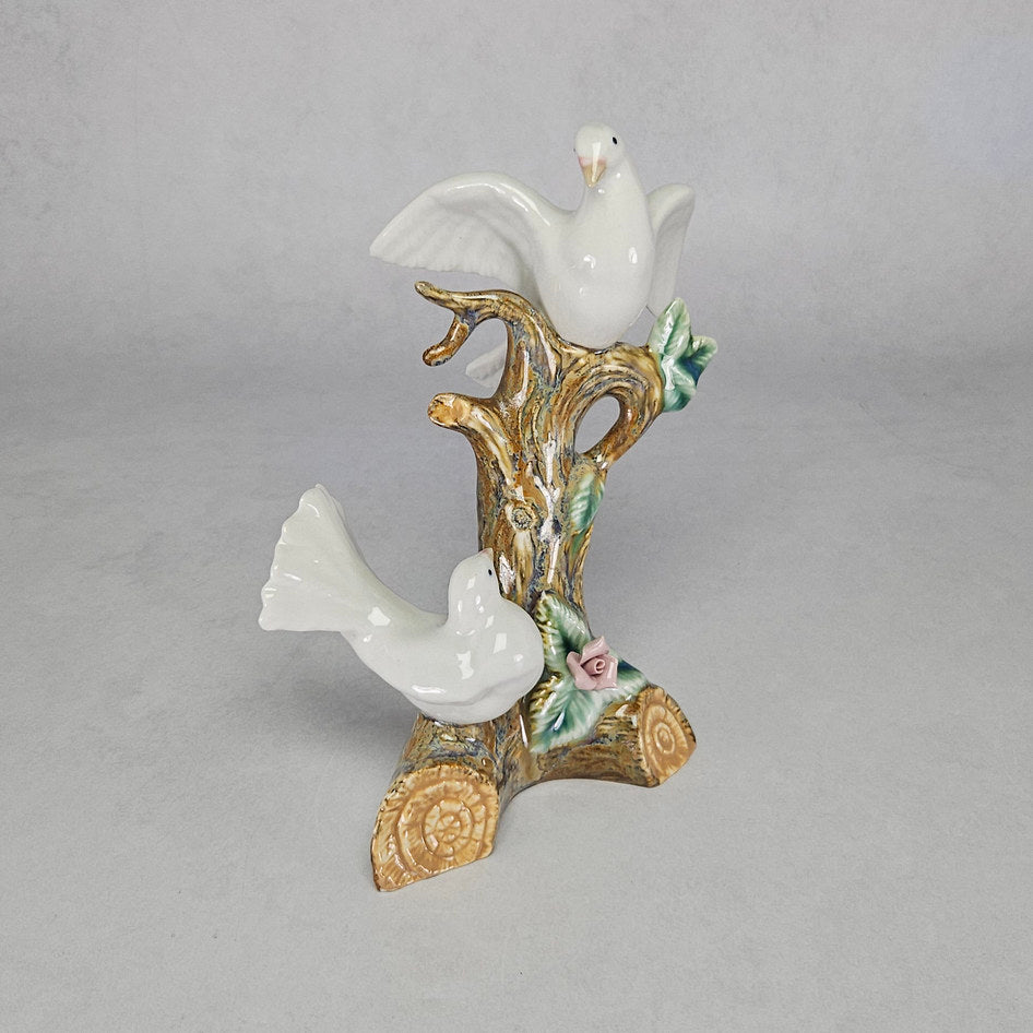 Vintage Spanish handmade white doves ceramic figurine, front view