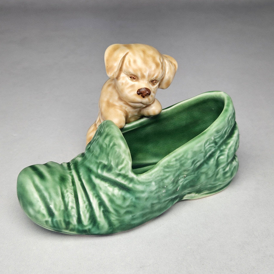 Vintage SylvaC 2051 Puppy with Green Slipper Posy Vase, view 1